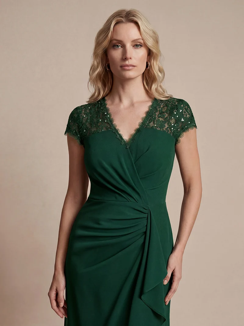 Robe midi sirène à volants en sequins à manches courtes avec décolleté croisé
