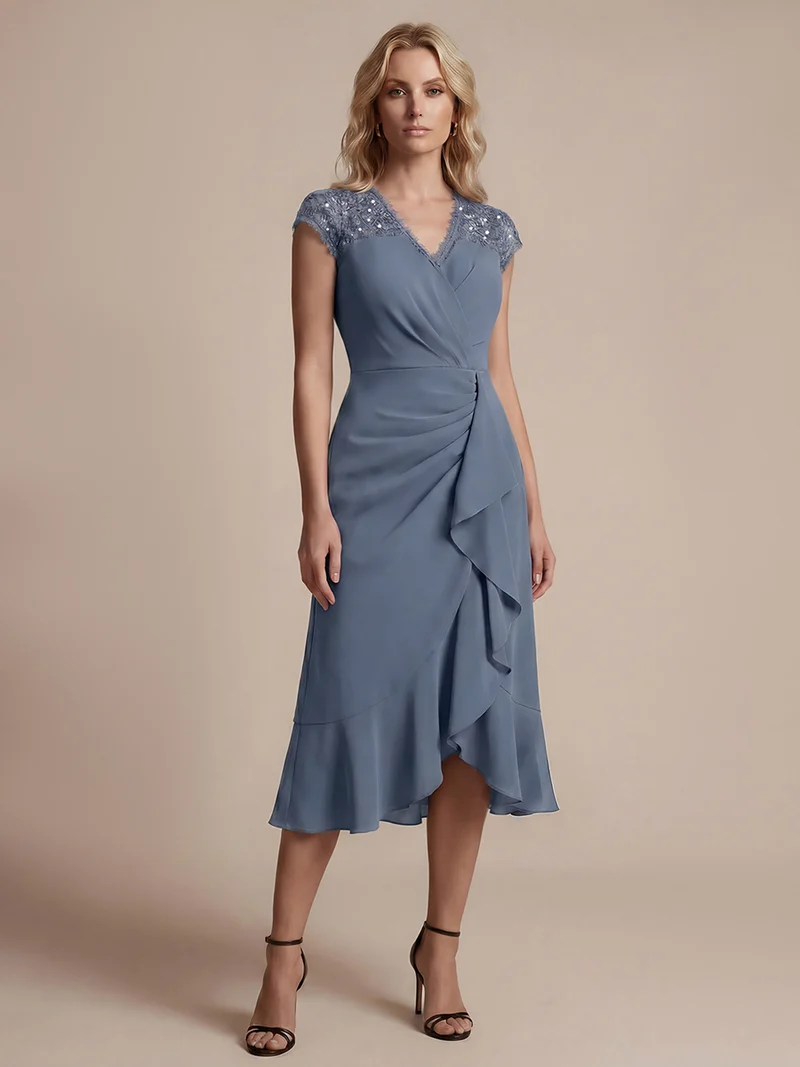 Robe midi sirène à volants en sequins à manches courtes avec décolleté croisé