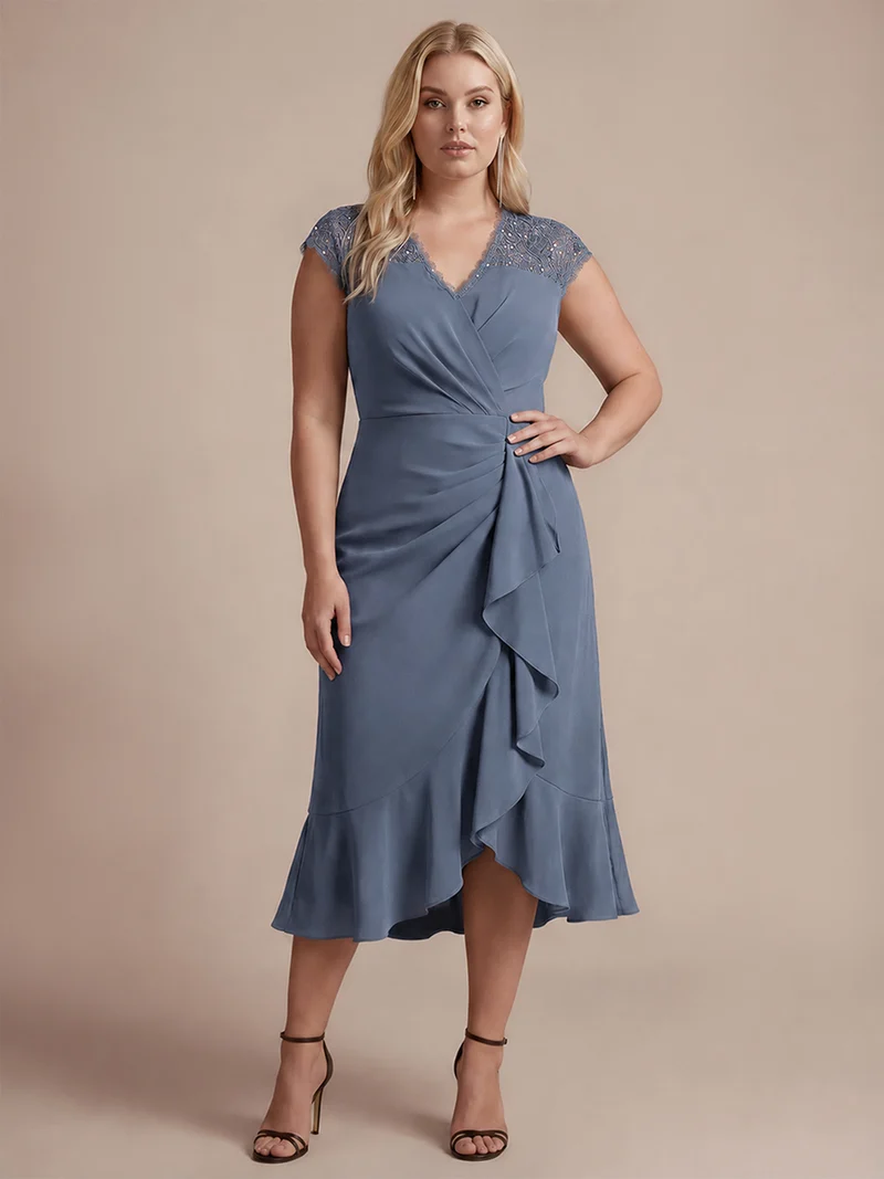 Robe midi sirène à volants en sequins à manches courtes avec décolleté croisé