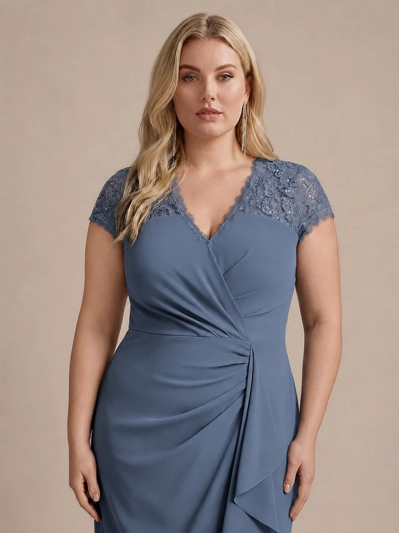 Robe midi sirène à volants en sequins à manches courtes avec décolleté croisé