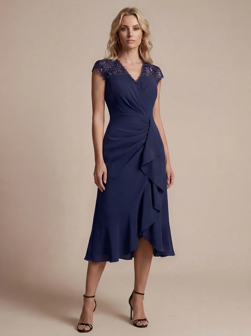 Robe midi sirène à volants en sequins à manches courtes avec décolleté croisé