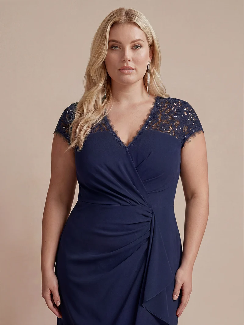 Robe midi sirène à volants en sequins à manches courtes avec décolleté croisé