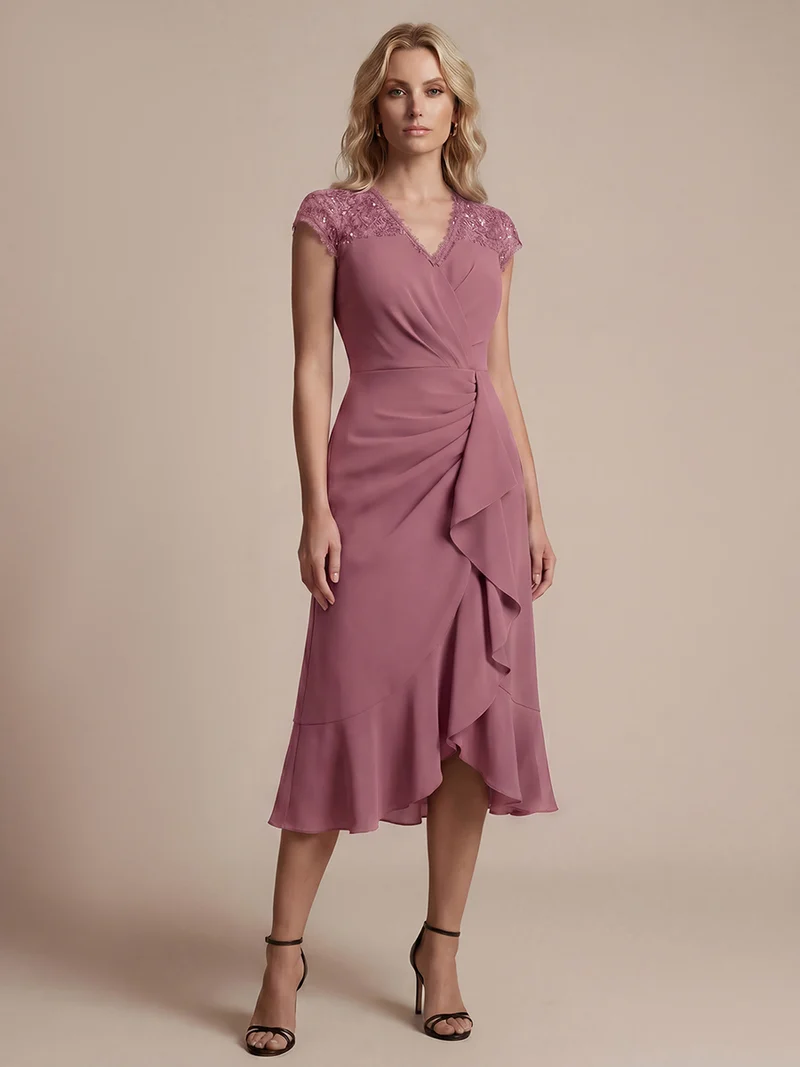 Robe midi sirène à volants en sequins à manches courtes avec décolleté croisé