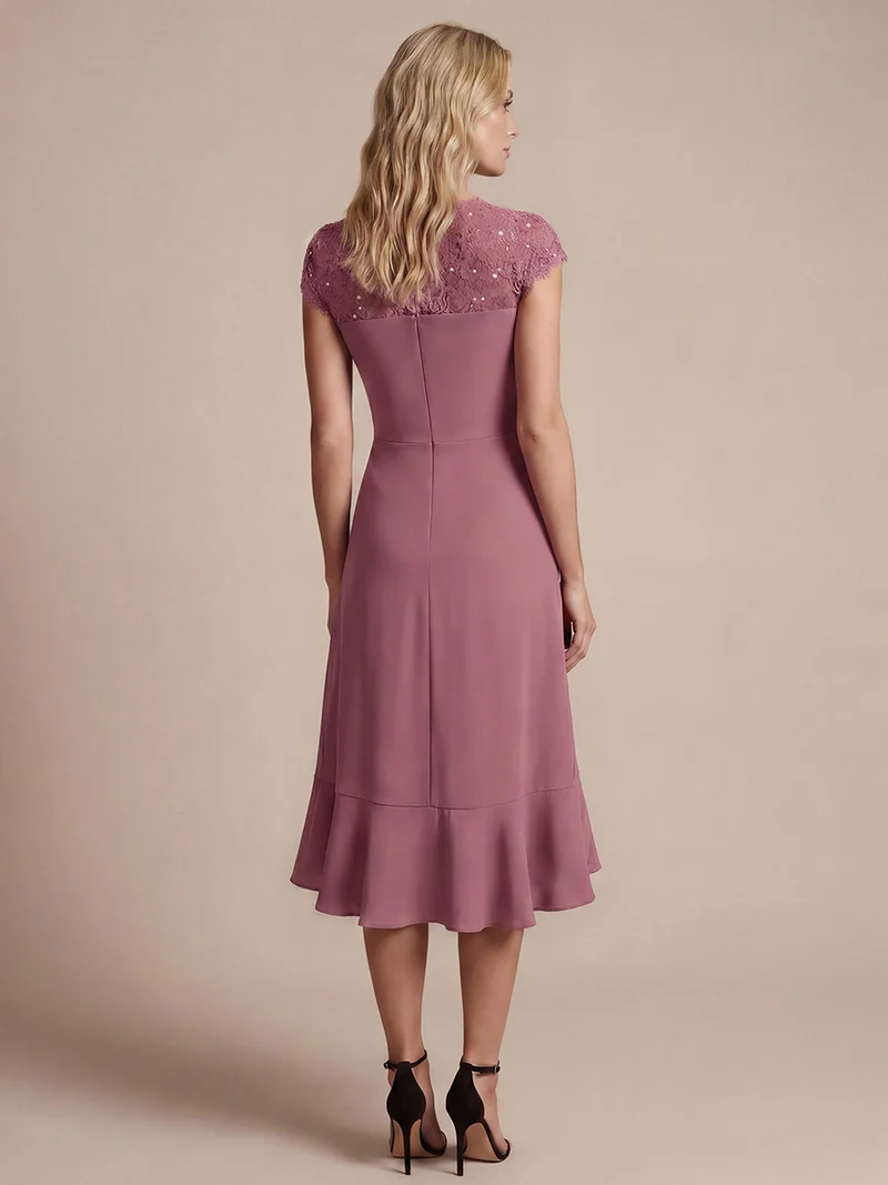Robe midi sirène à volants en sequins à manches courtes avec décolleté croisé