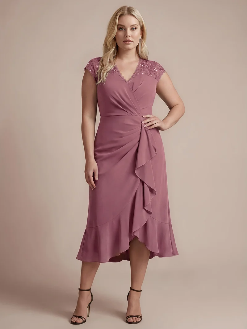 Robe midi sirène à volants en sequins à manches courtes avec décolleté croisé