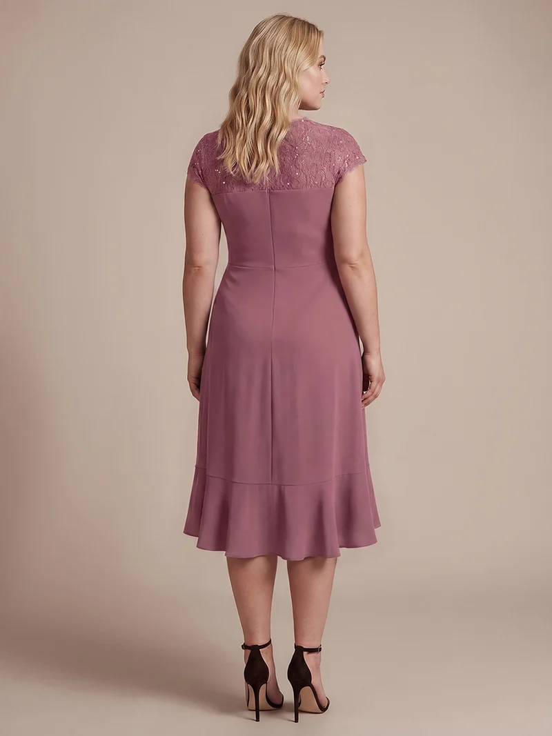 Robe midi sirène à volants en sequins à manches courtes avec décolleté croisé