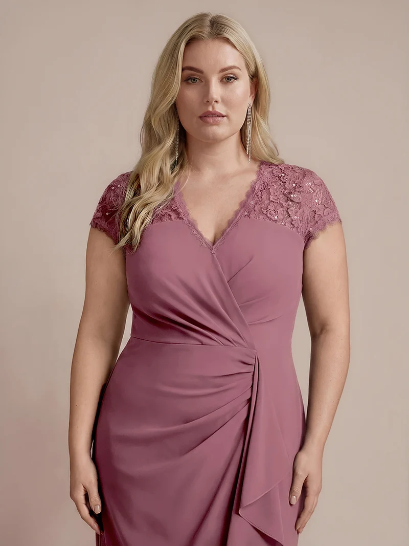 Robe midi sirène à volants en sequins à manches courtes avec décolleté croisé