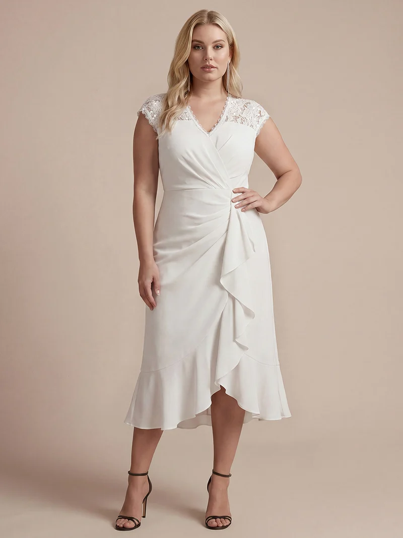 Robe midi sirène à volants en sequins à manches courtes avec décolleté croisé