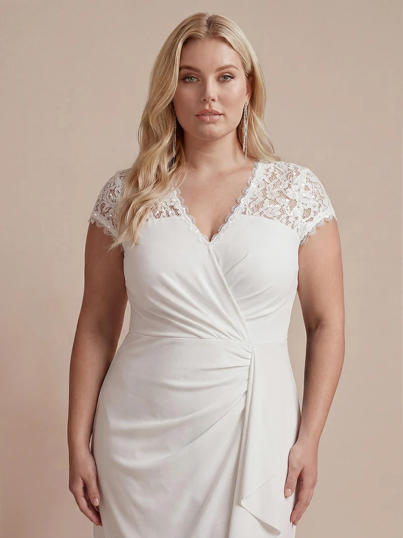 Robe midi sirène à volants en sequins à manches courtes avec décolleté croisé