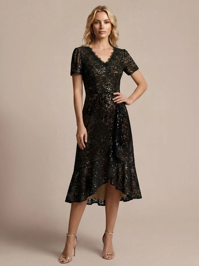 Robe midi sirène à volants en sequins à manches courtes