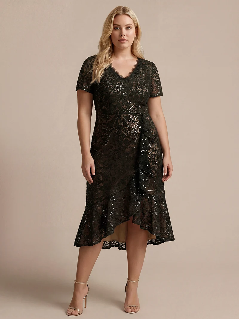 Robe midi sirène à volants en sequins à manches courtes