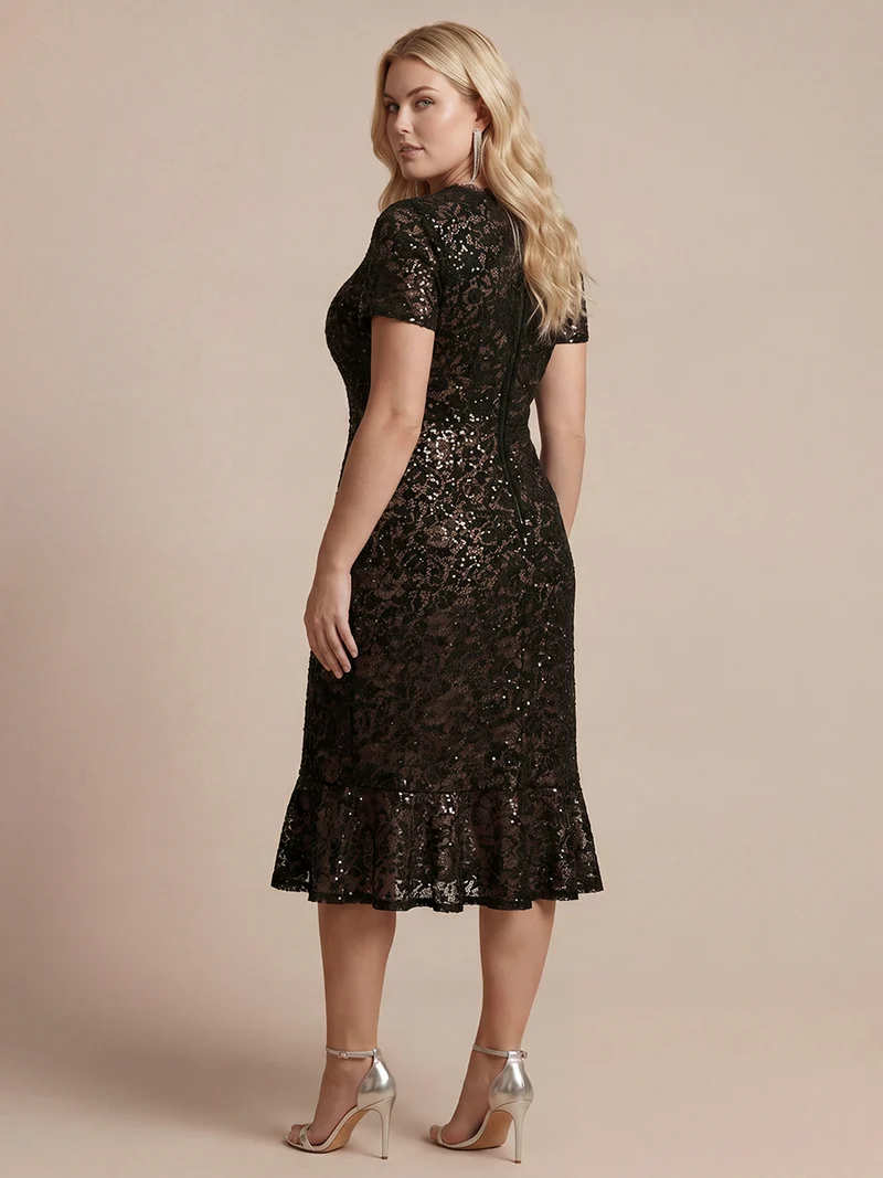 Robe midi sirène à volants en sequins à manches courtes