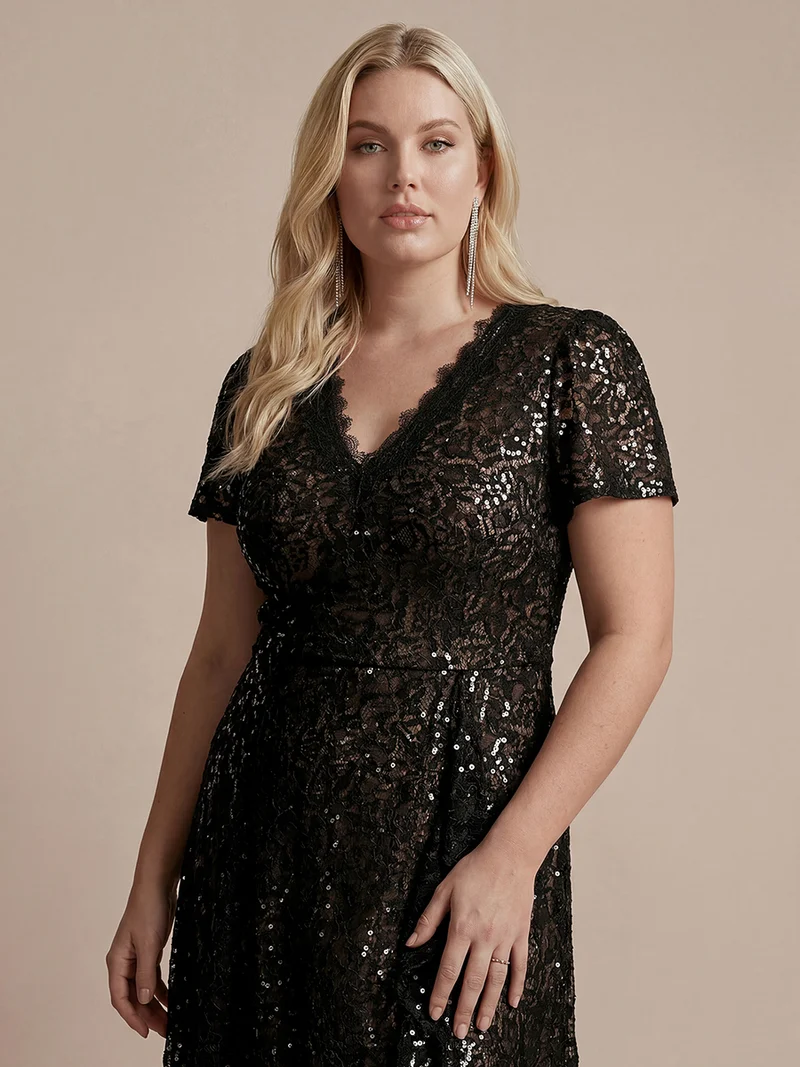 Robe midi sirène à volants en sequins à manches courtes