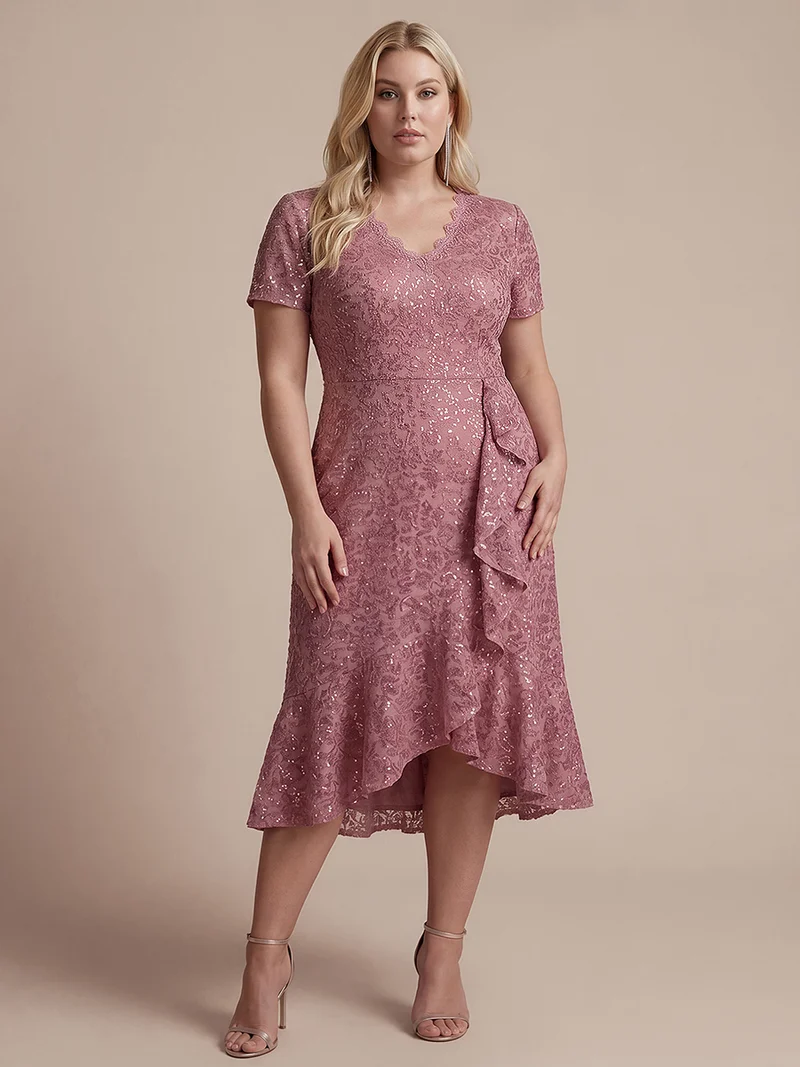 Robe midi sirène à volants en sequins à manches courtes