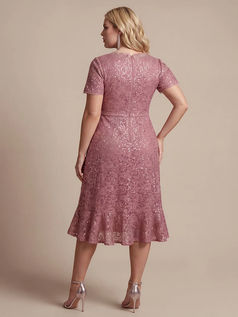 Robe midi sirène à volants en sequins à manches courtes