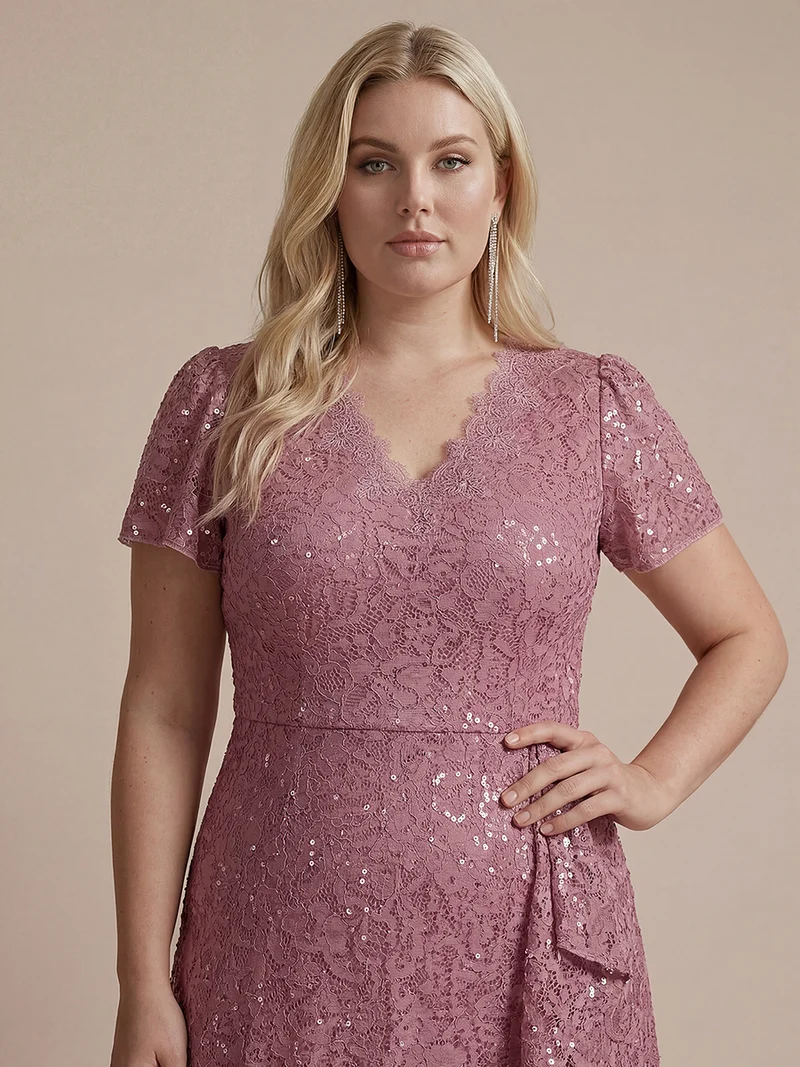 Robe midi sirène à volants en sequins à manches courtes
