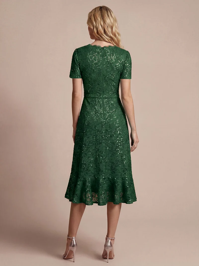 Robe midi sirène à volants en sequins à manches courtes