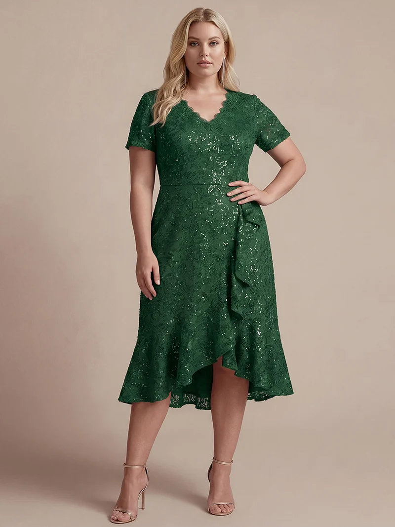 Robe midi sirène à volants en sequins à manches courtes