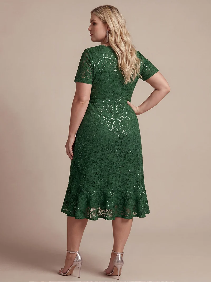 Robe midi sirène à volants en sequins à manches courtes