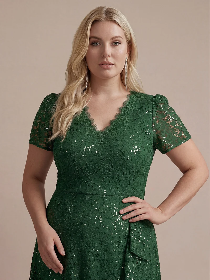 Robe midi sirène à volants en sequins à manches courtes