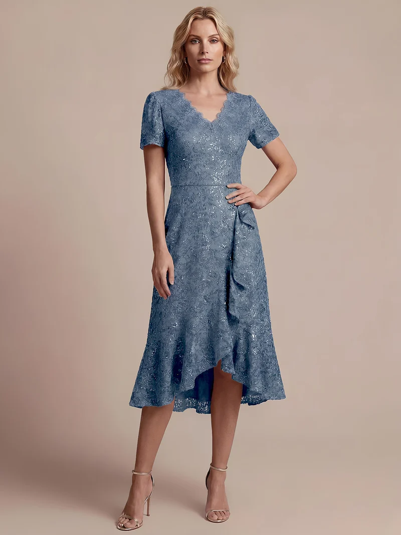 Robe midi sirène à volants en sequins à manches courtes