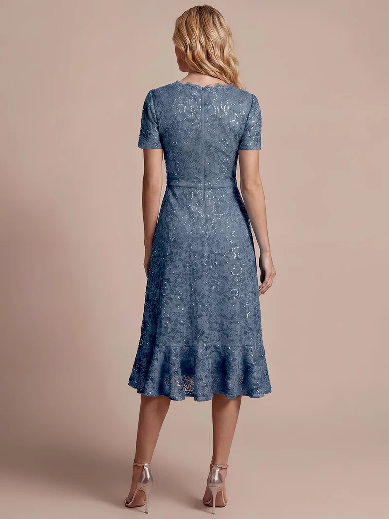 Robe midi sirène à volants en sequins à manches courtes