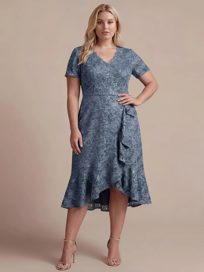 Robe midi sirène à volants en sequins à manches courtes