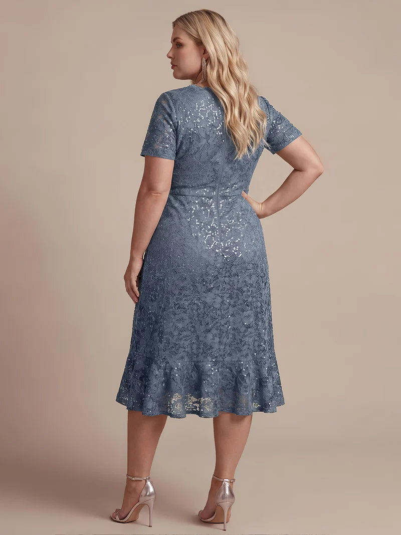 Robe midi sirène à volants en sequins à manches courtes