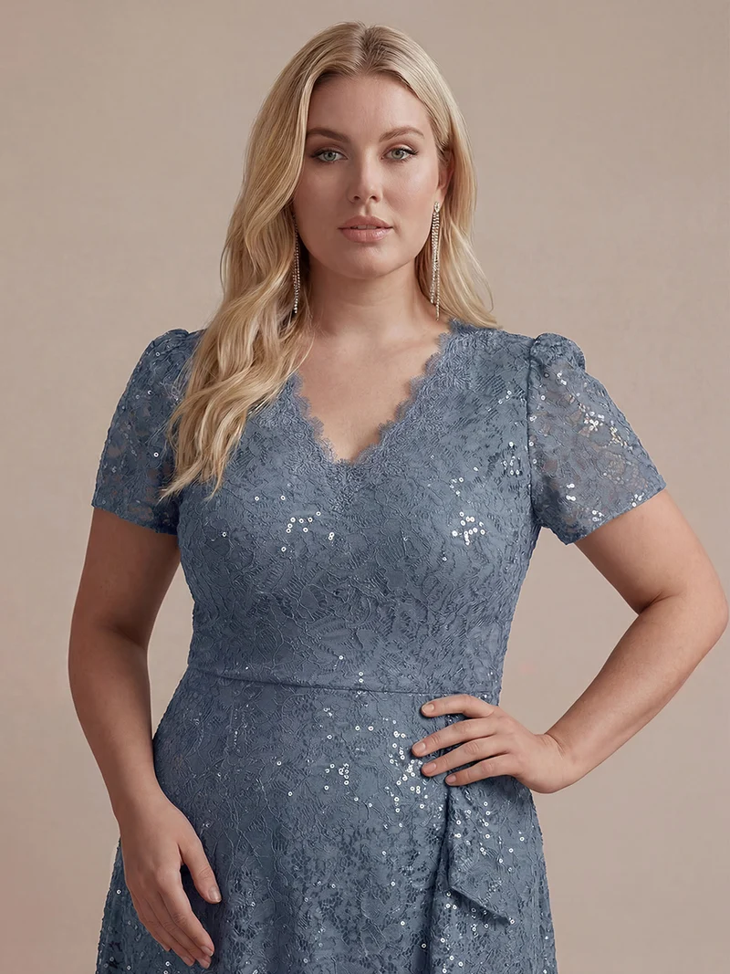 Robe midi sirène à volants en sequins à manches courtes