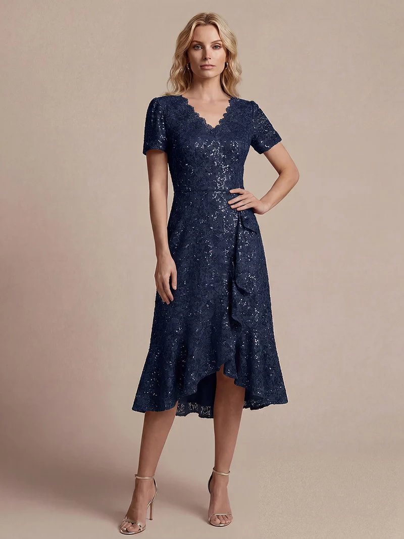 Robe midi sirène à volants en sequins à manches courtes
