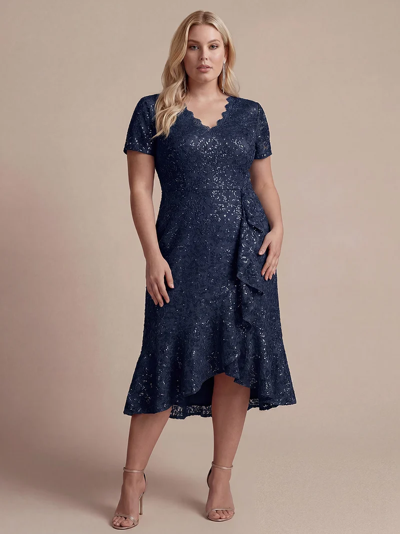 Robe midi sirène à volants en sequins à manches courtes