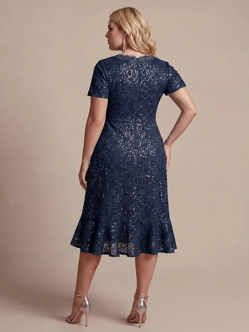 Robe midi sirène à volants en sequins à manches courtes