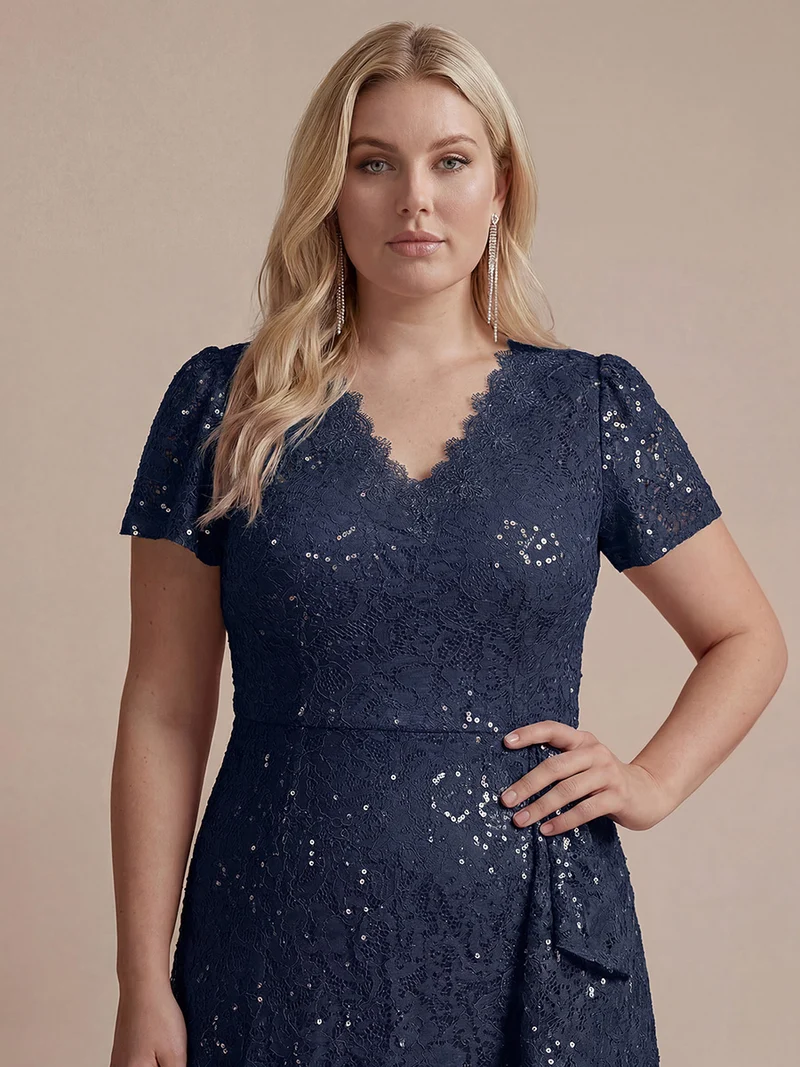 Robe midi sirène à volants en sequins à manches courtes