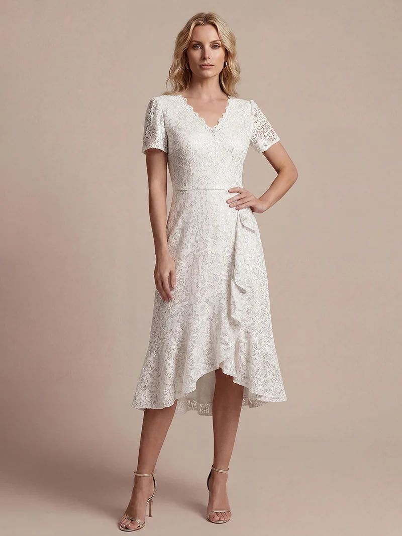 Robe midi sirène à volants en sequins à manches courtes