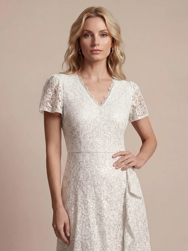 Robe midi sirène à volants en sequins à manches courtes