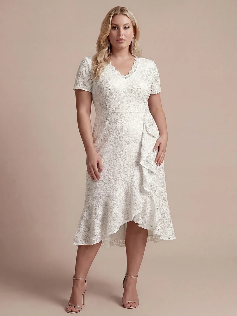 Robe midi sirène à volants en sequins à manches courtes