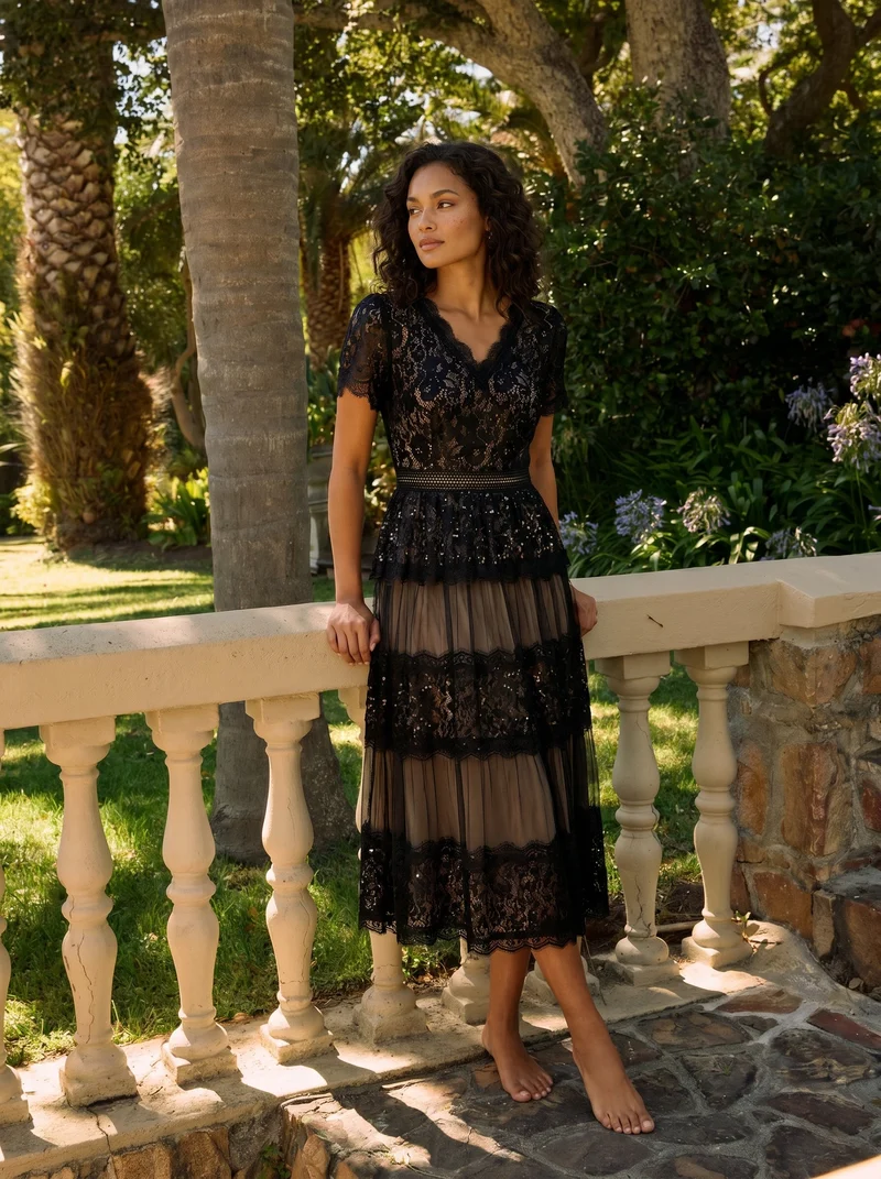 Robe en tulle A-line longueur thé à manches courtes décolleté en V avec sequins