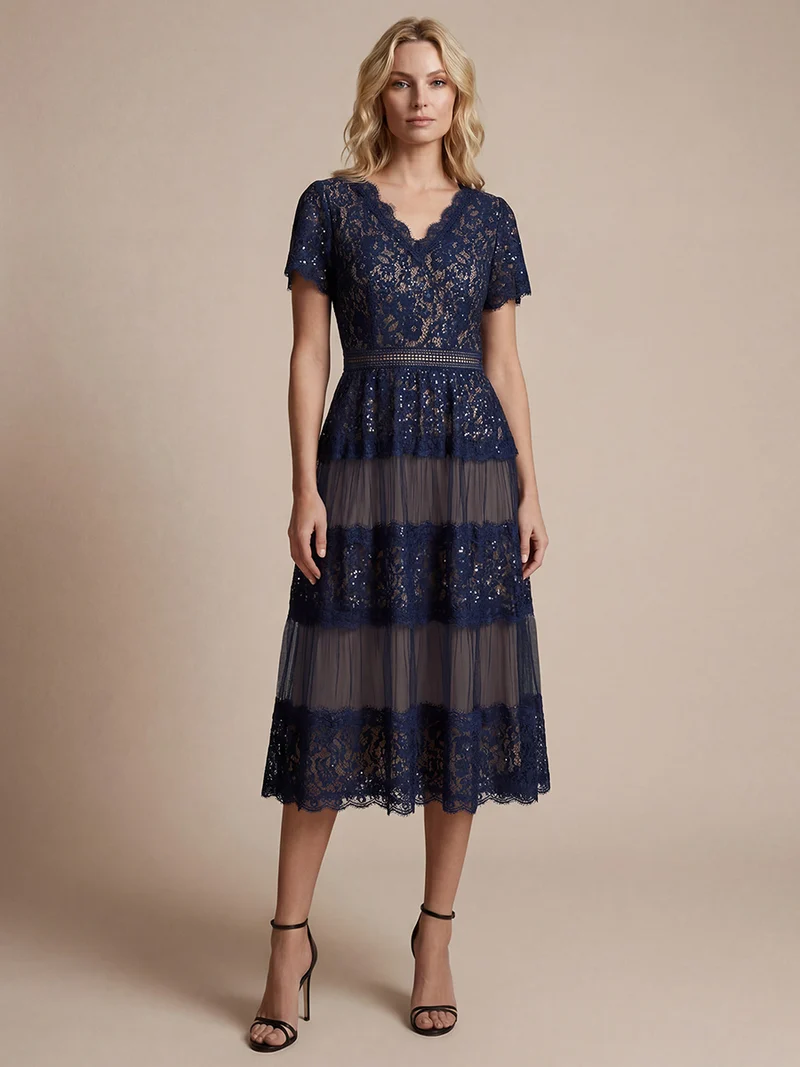 Robe en tulle A-line longueur thé à manches courtes décolleté en V avec sequins
