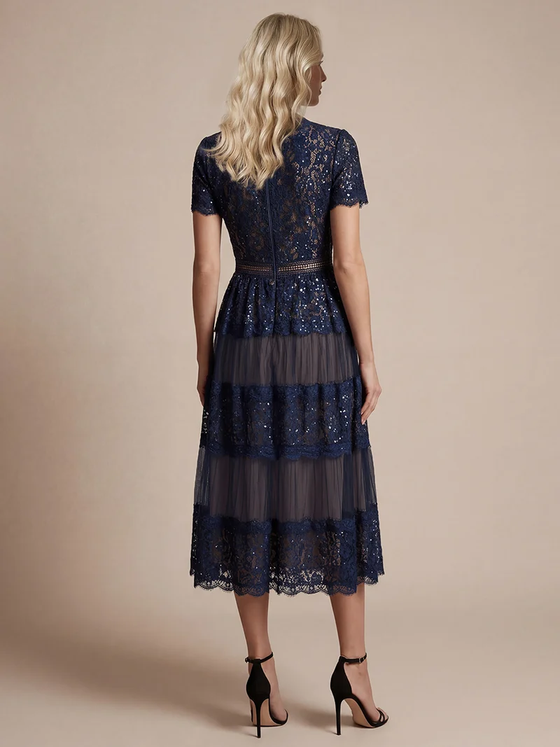 Robe en tulle A-line longueur thé à manches courtes décolleté en V avec sequins