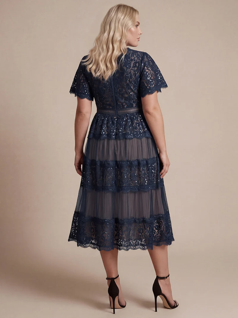 Robe en tulle A-line longueur thé à manches courtes décolleté en V avec sequins