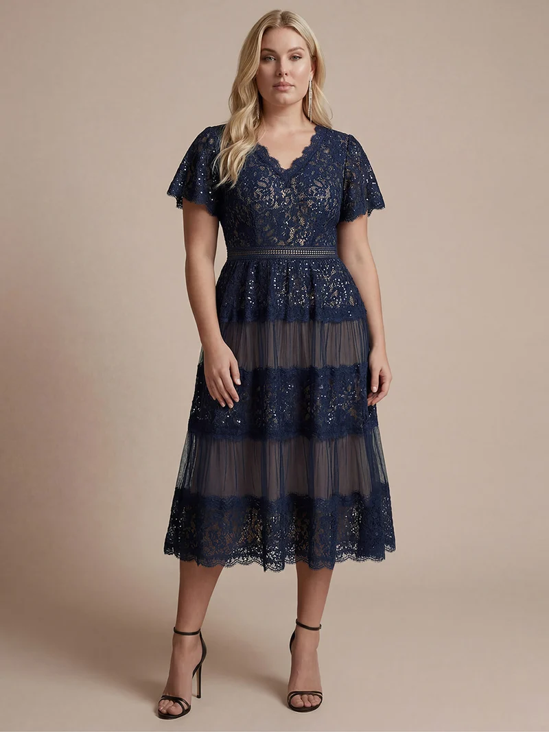 Robe en tulle A-line longueur thé à manches courtes décolleté en V avec sequins