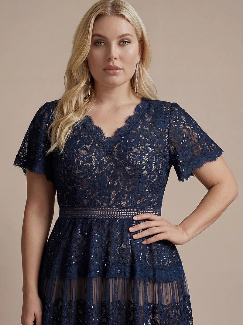 Robe en tulle A-line longueur thé à manches courtes décolleté en V avec sequins