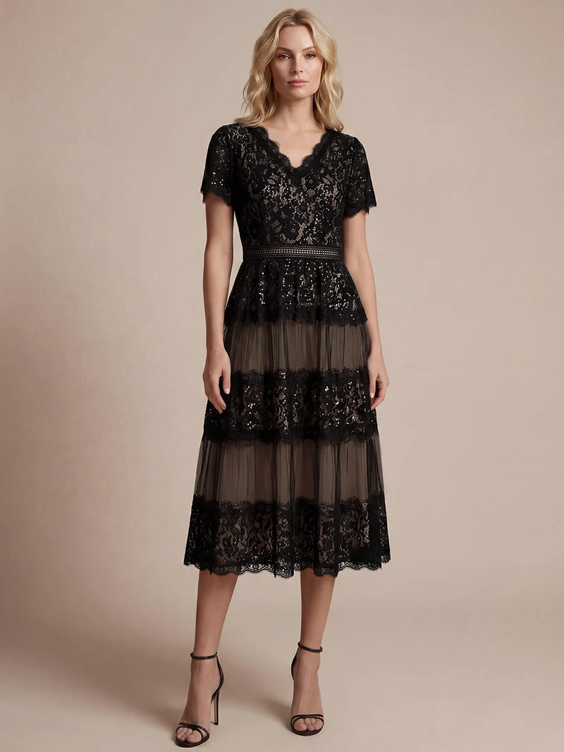 Robe en tulle A-line longueur thé à manches courtes décolleté en V avec sequins