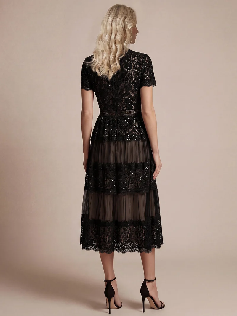 Robe en tulle A-line longueur thé à manches courtes décolleté en V avec sequins