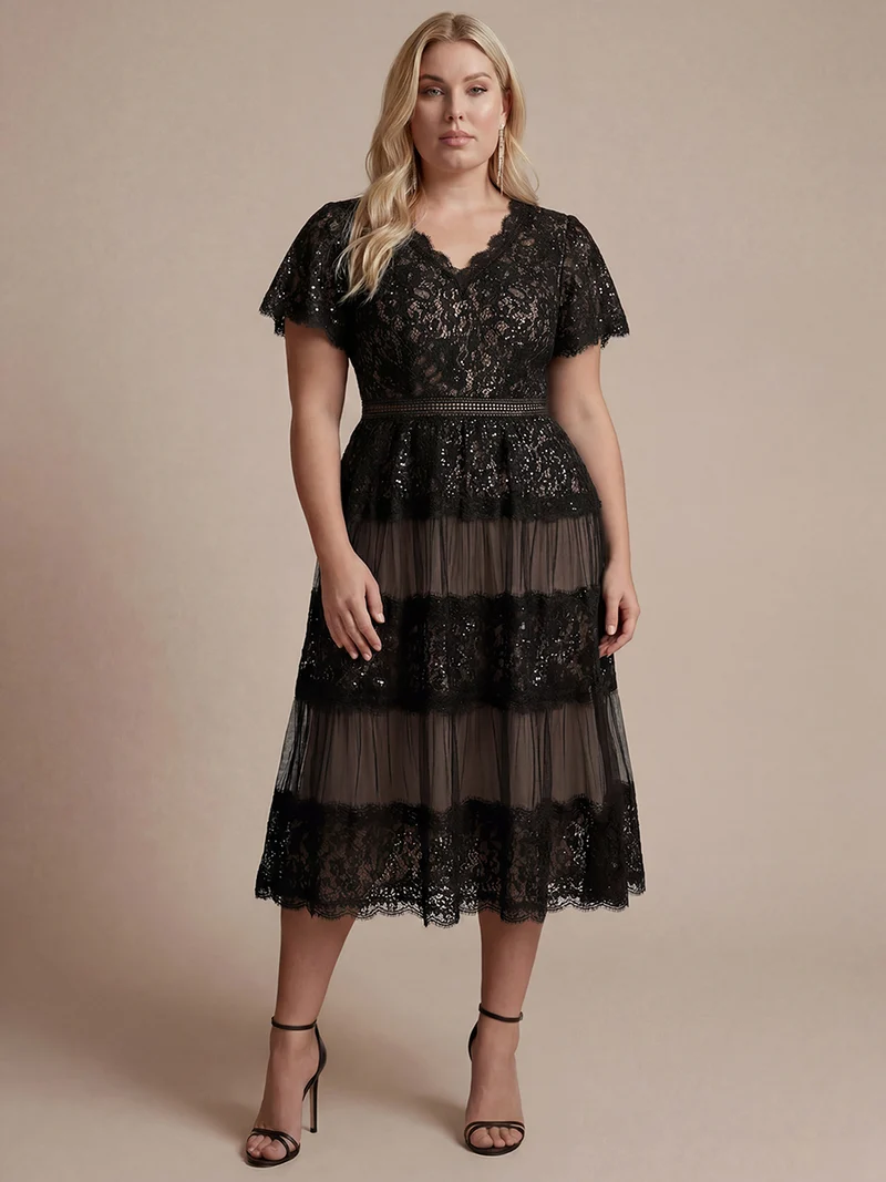Robe en tulle A-line longueur thé à manches courtes décolleté en V avec sequins