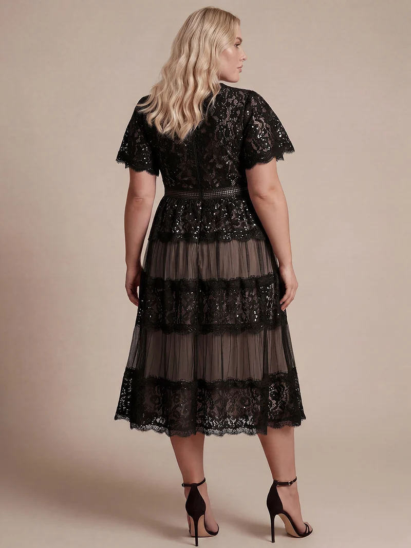 Robe en tulle A-line longueur thé à manches courtes décolleté en V avec sequins