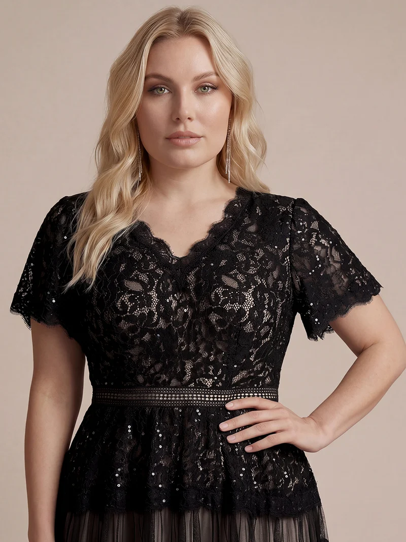 Robe en tulle A-line longueur thé à manches courtes décolleté en V avec sequins