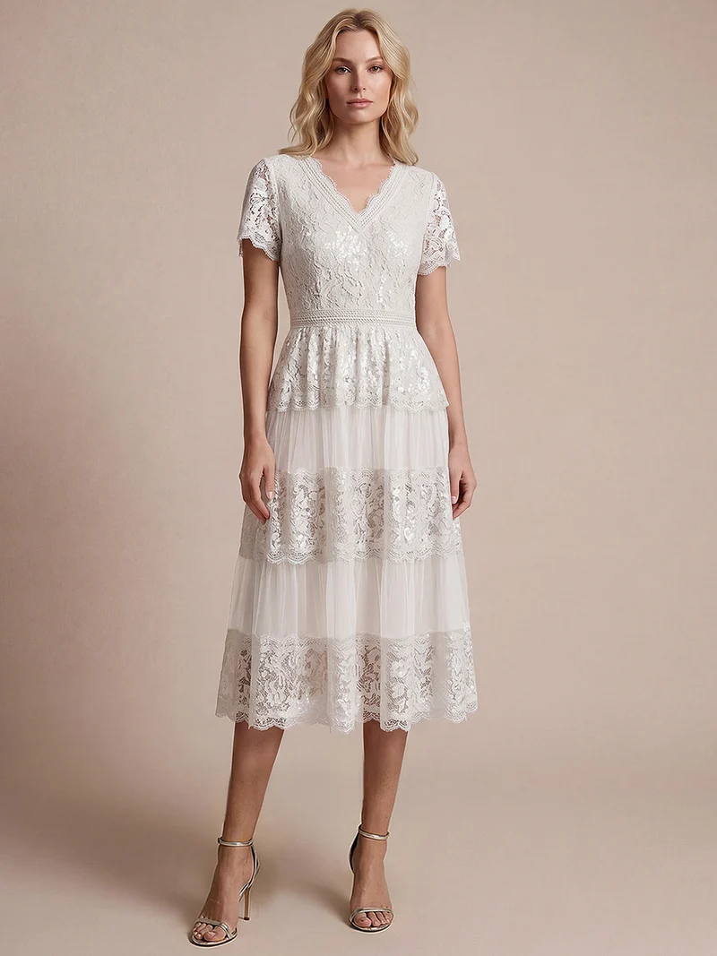 Robe en tulle A-line longueur thé à manches courtes décolleté en V avec sequins