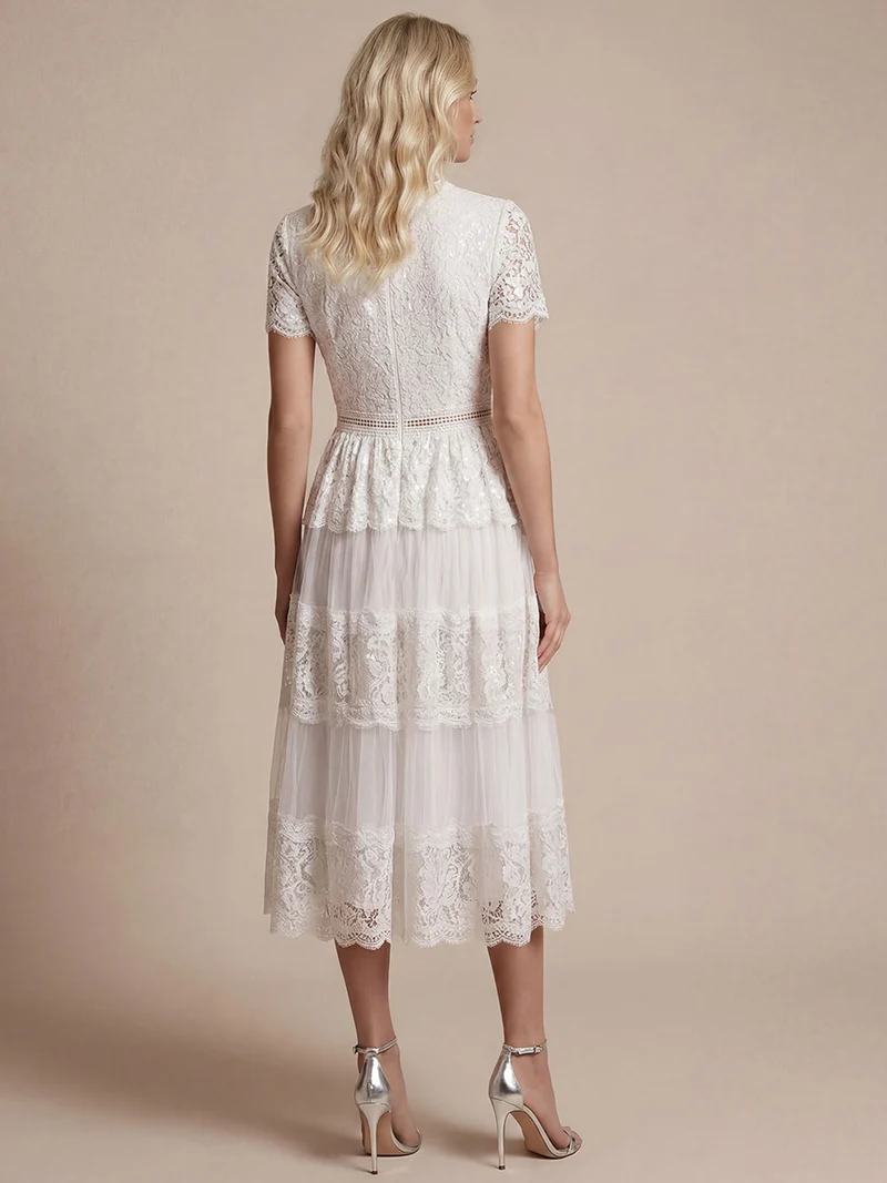 Robe en tulle A-line longueur thé à manches courtes décolleté en V avec sequins
