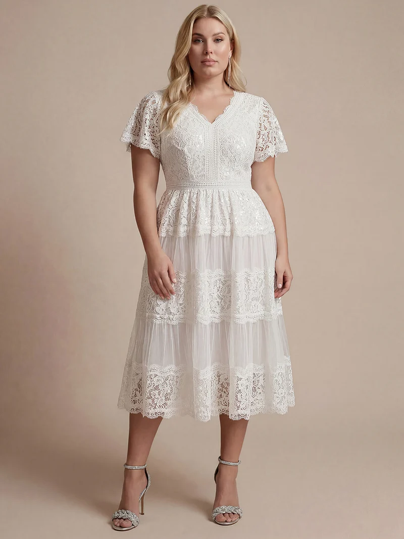 Robe en tulle A-line longueur thé à manches courtes décolleté en V avec sequins